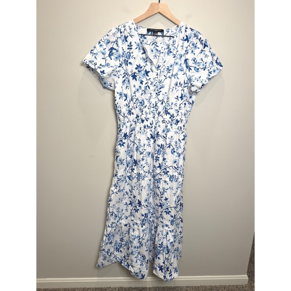 French Connection Dresses & Skirts - French Connection‎ M Cotton Long Midi Dress Blue White Floral Coastal Cottage